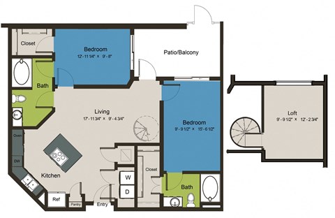 Floor plan for 2 beds, 2 baths, 1136 sqft